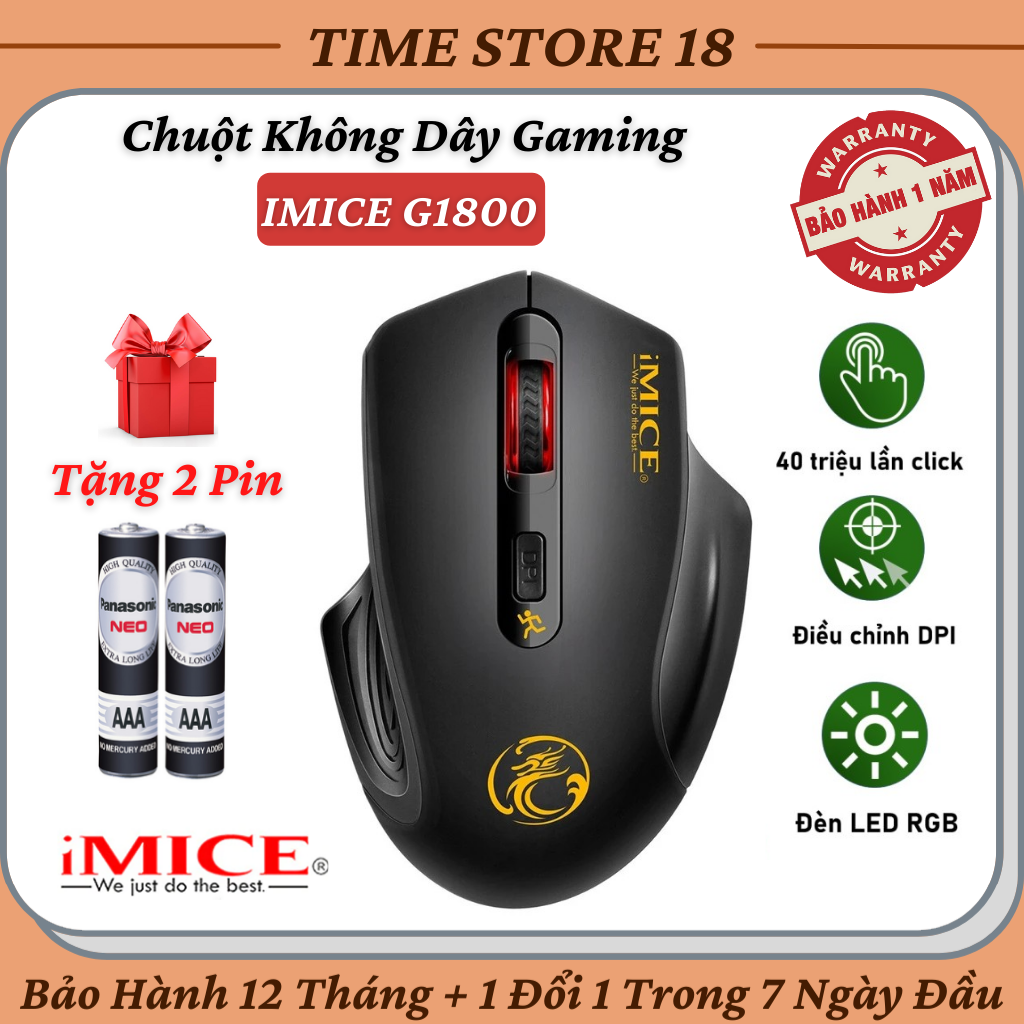 Chuột không dây gaming imice g1800 - bảo hành 12 tháng - chuột máy tính chơi game độ nhạy 1600 dpi wireless 2.4ghz được tặng kèm 2 pin aa