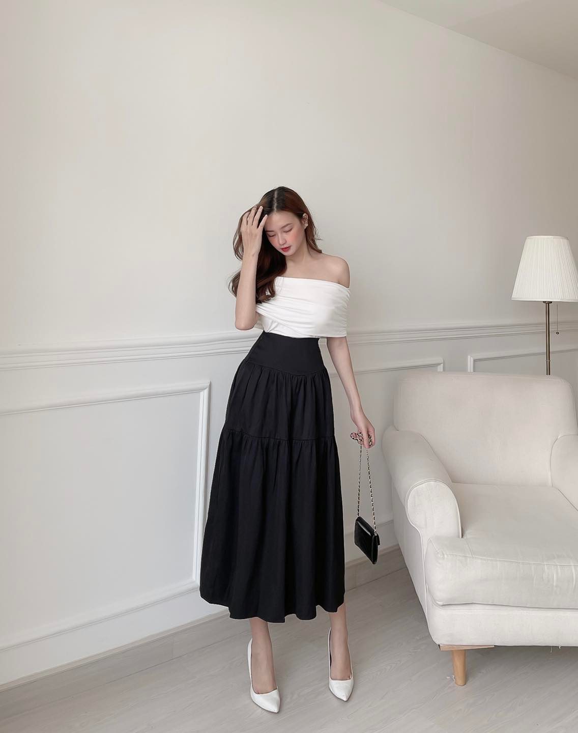 Chân váy midi dài công sở tầng bảng lưng lớn sang chảnh cao cấp