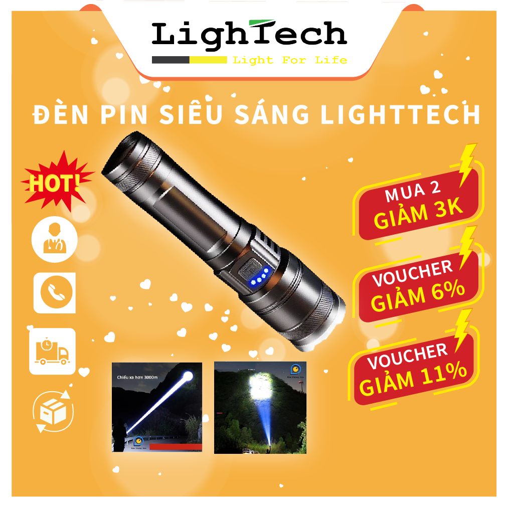 Đèn Pin Siêu Sáng LightTech Chống Nước Bền Bỉ Có Cổng Sạc, Chức Năng Rọi Siêu Xa Dùng Đi Đêm Đi Phượt