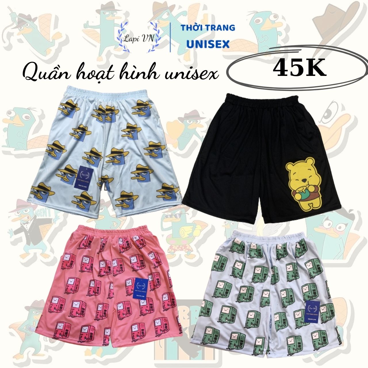 Quần Lửng Hoạt Hình Unisex Nhiều Mẫu -Lapi VN ,Nam Nữ Đều Mặc Được Short Thun Thể Thao Không Pha, Freesize