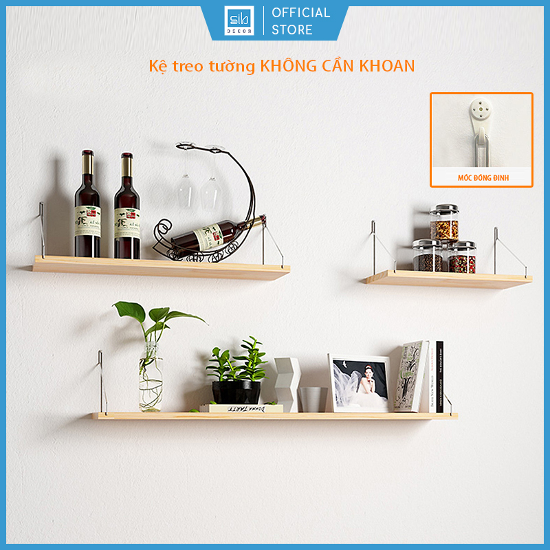 Kệ Gỗ Trang Trí Treo Tường Không Cần Khoan Với Móc Treo Inox Và Đầy Đủ Phụ Kiện Tặng Kèm, Dễ Dàng Gắn Lên Tường