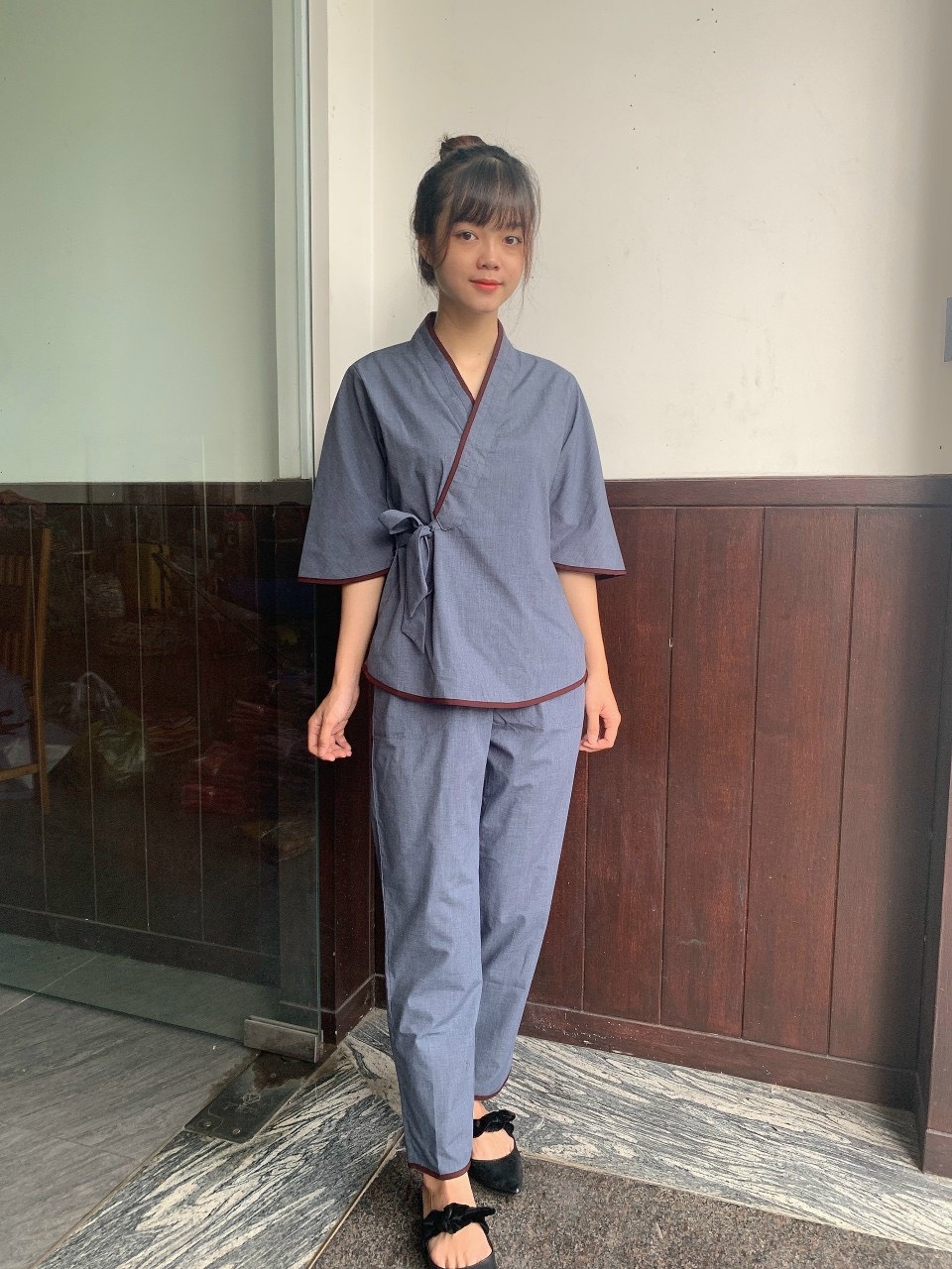 Bộ đồ lam đi chùa # mẫu xéo nơ trơn không thêu vải kate mềm - dành cho nữ