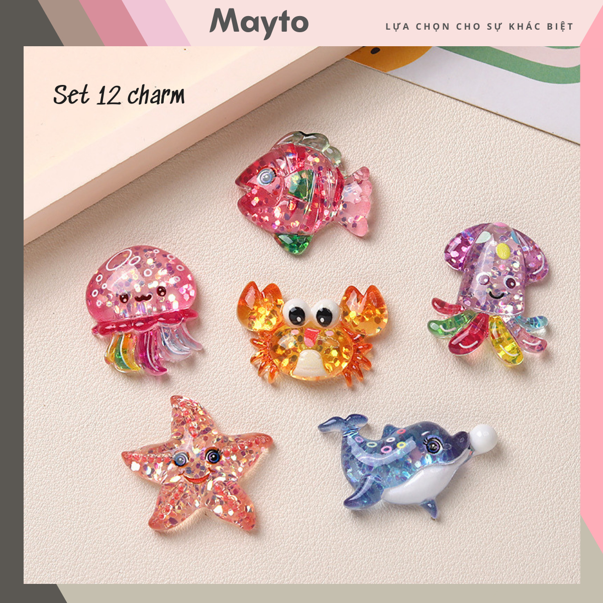 Set 12 Sticker, Charm 3D chủ đề Sứa biển lấp lánh Mayto gắn Dép Cross, Dép Sục, Cá Sấu JB-269