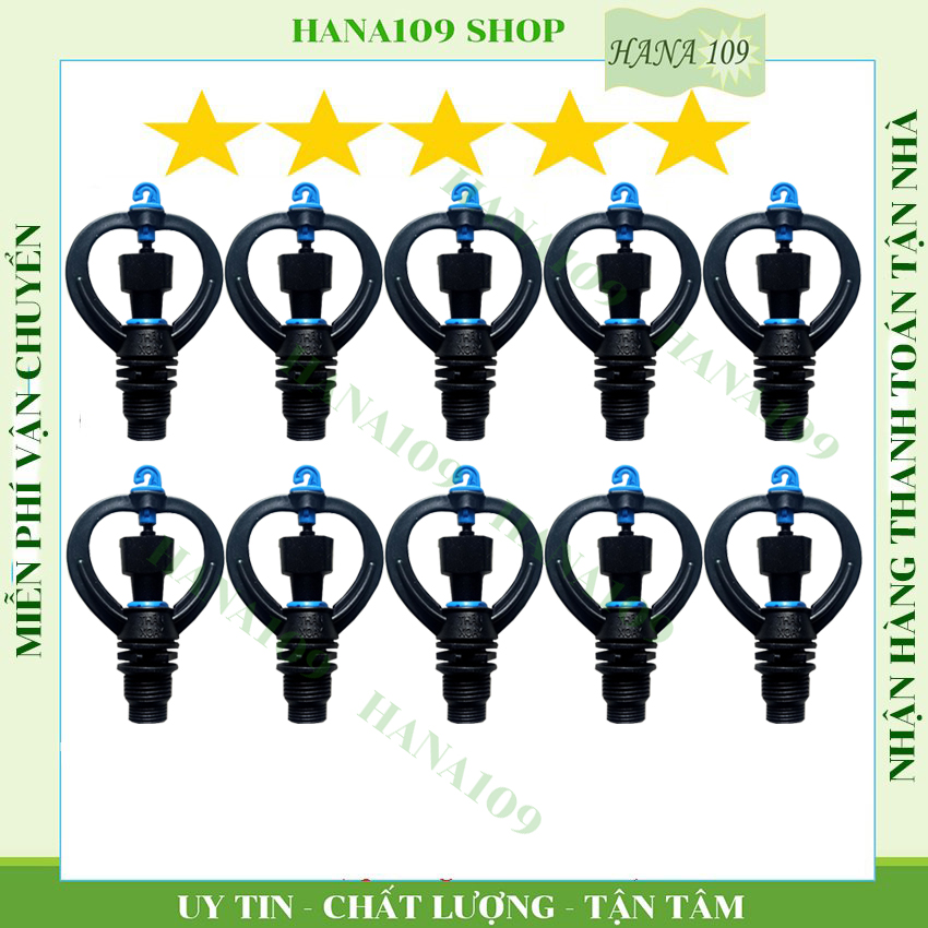 10 béc tưới cây phun mưa xoay 360 độ ren trong 21, 27 mm ren ngoài 17 21 mm mẫu mới có móc dễ tháo rời và vệ sinh béc phun nhựa cao cấp có bọc inox