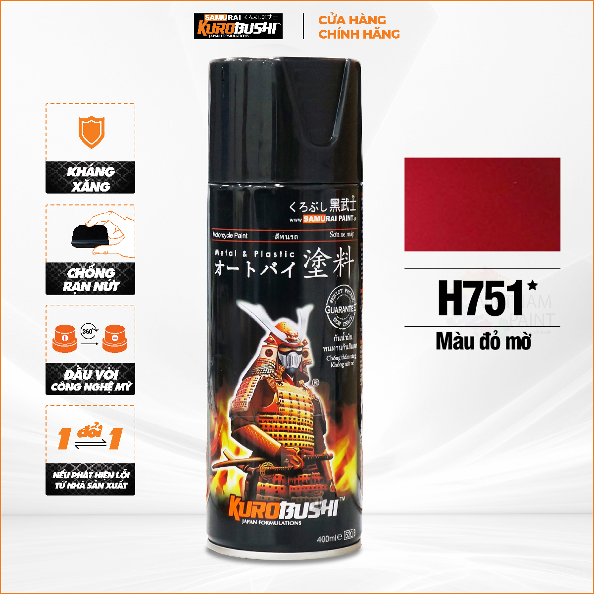 Sơn xịt Samurai Kurobushi - màu đỏ mờ H751 chuyên dùng cho xe máy