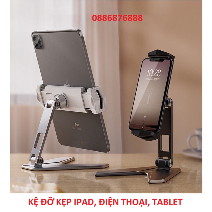 Giá kẹp đỡ ipad, máy tính bảng, Galaxy Tab, điện thoại P15 từ hợp kim nhôm xoay 360 độ, chân đế chữ V chắc chắn.