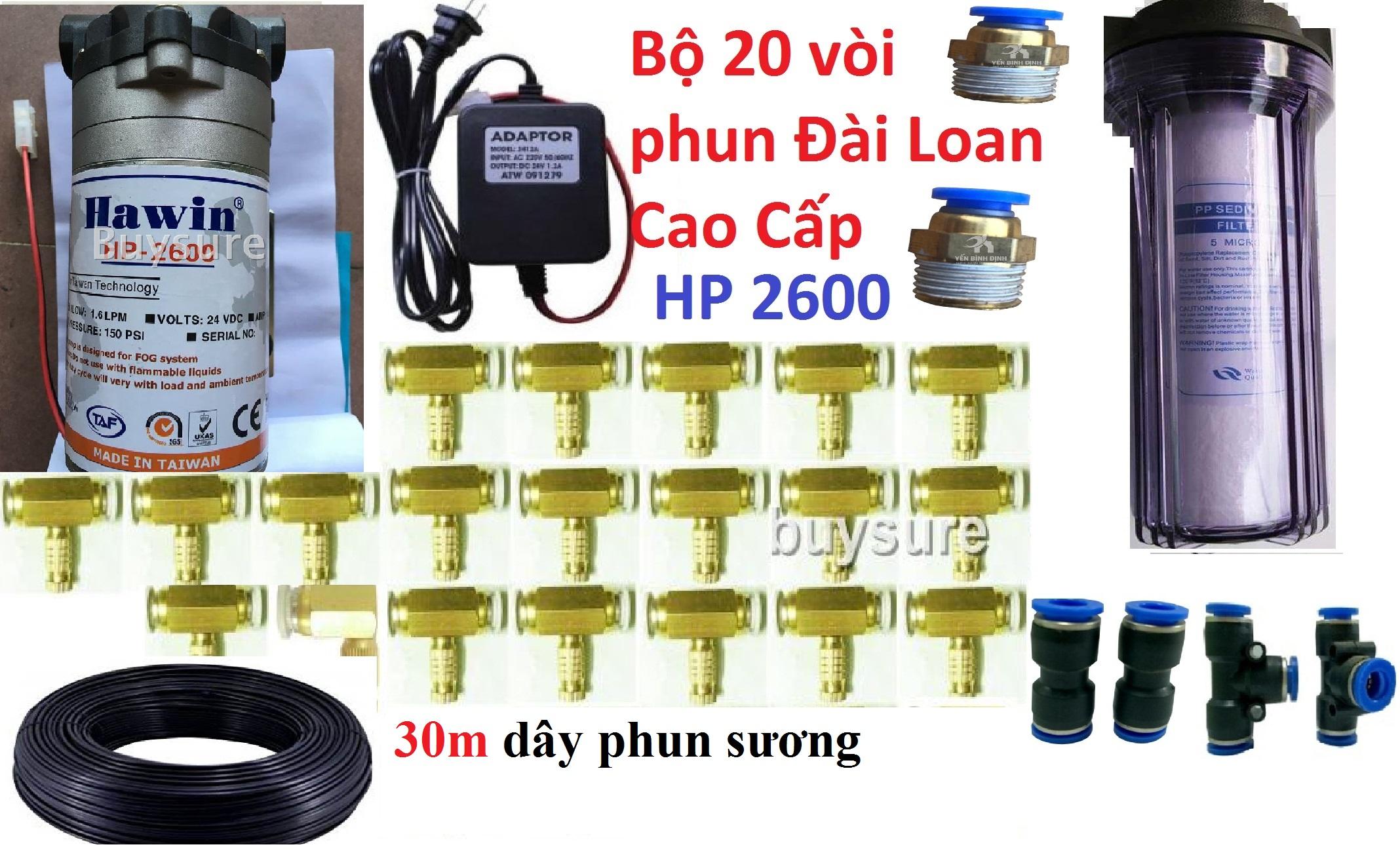 Bộ phun sương ĐL 20 béc phun+ 30m dây+nối T+nguồn+ren 17/8 HP2600 + Có Lọc Nước Buysure
