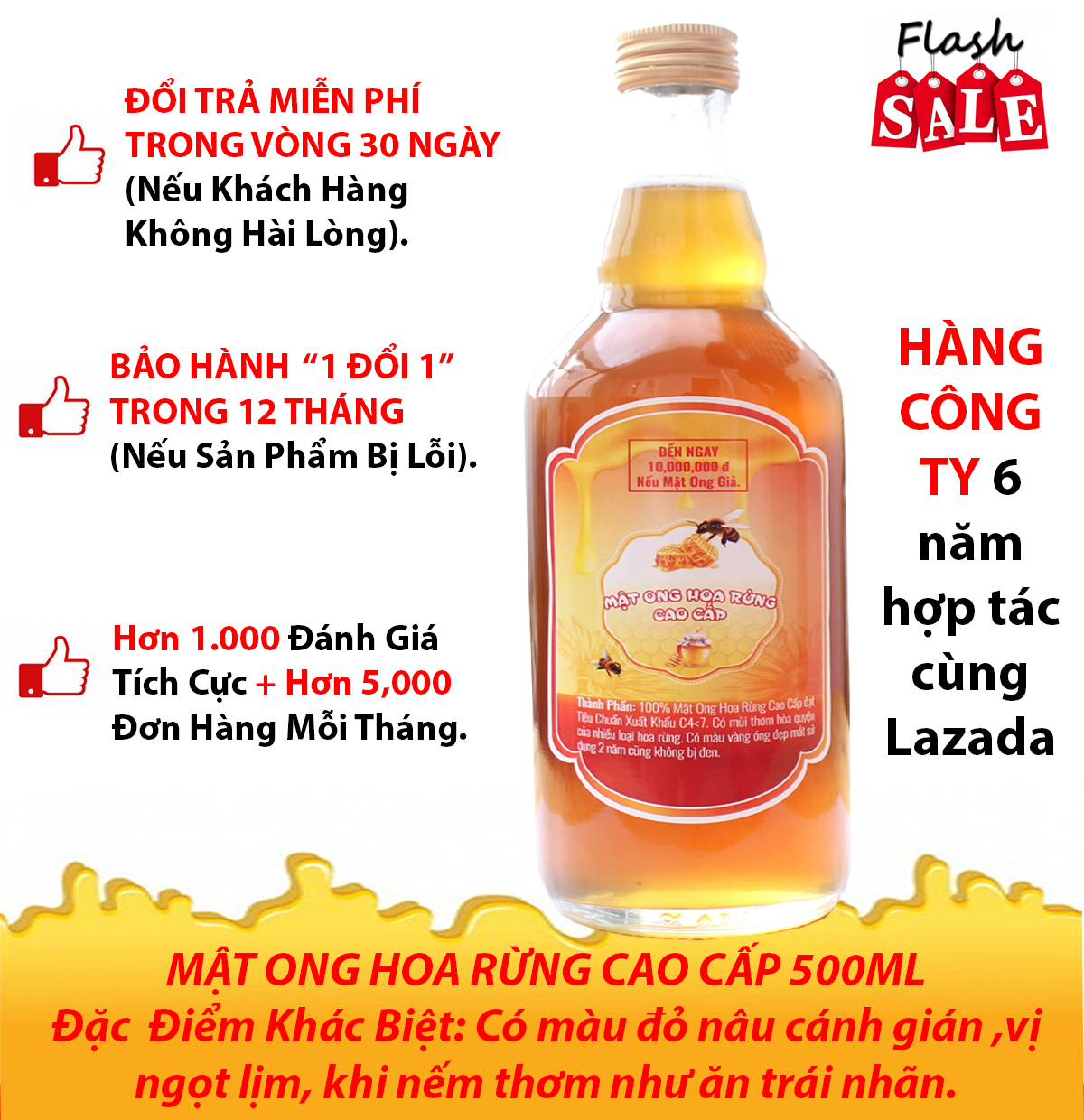 Mật ong nguyên chất Hoa Rừng 500ml - chai thủy tinh, cam kết chất lượng, miễn phí đổi trả trong vòng 12 tháng