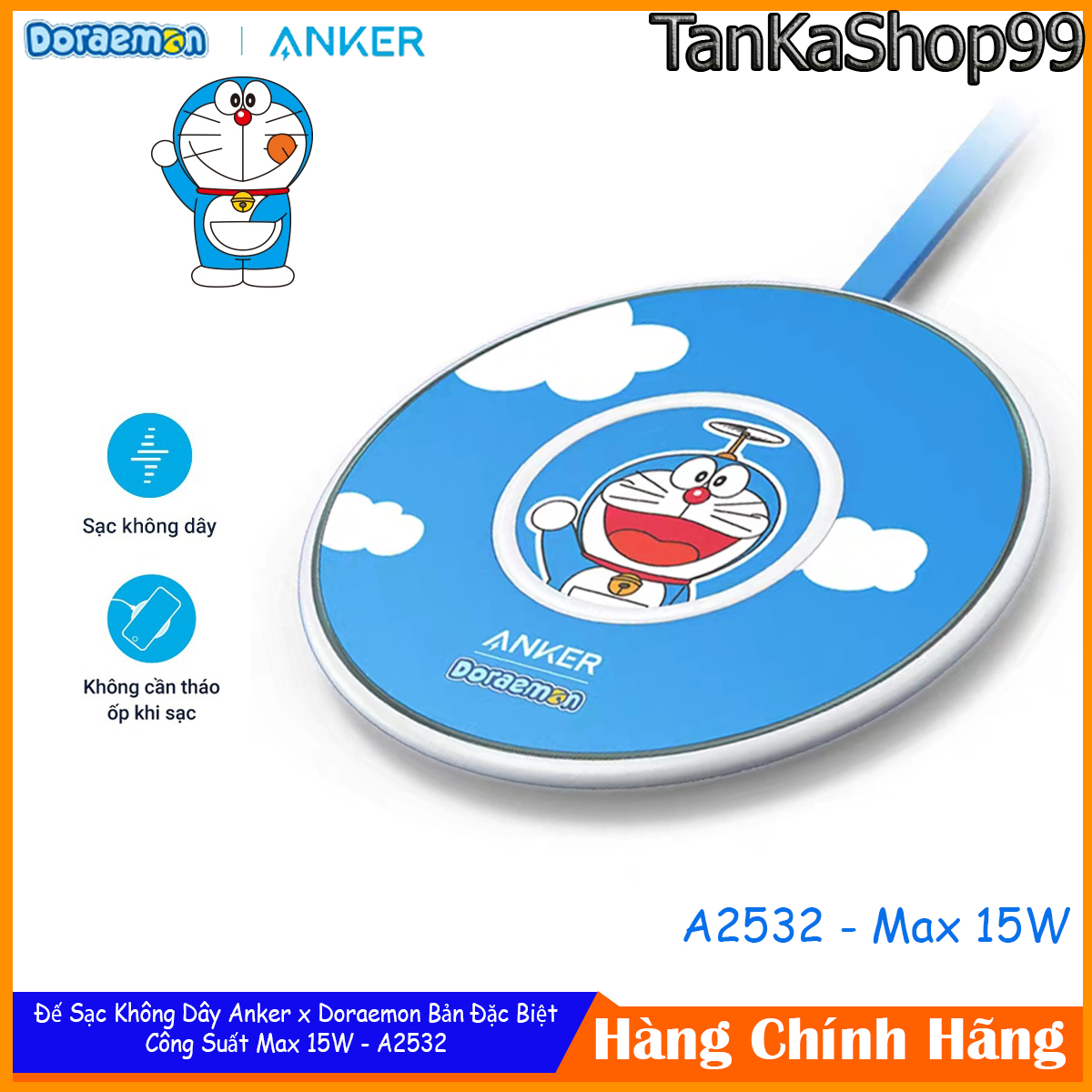 Đế Sạc Không Dây Anker x Doraemon PowerWave Slim Pad Max 15W - A2532 Sạc Nhanh Chuẩn Qi