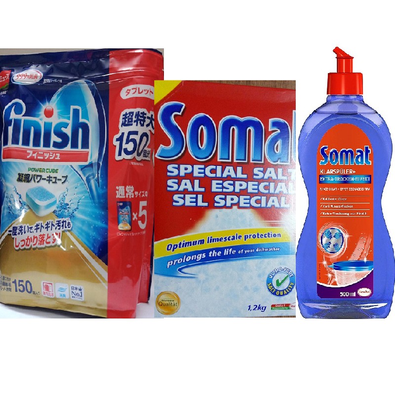 Bộ sản phẩm dùng cho máy rửa chén bát viên rửa chén finish Muối rửa bát somat +Nước làm bóng somat