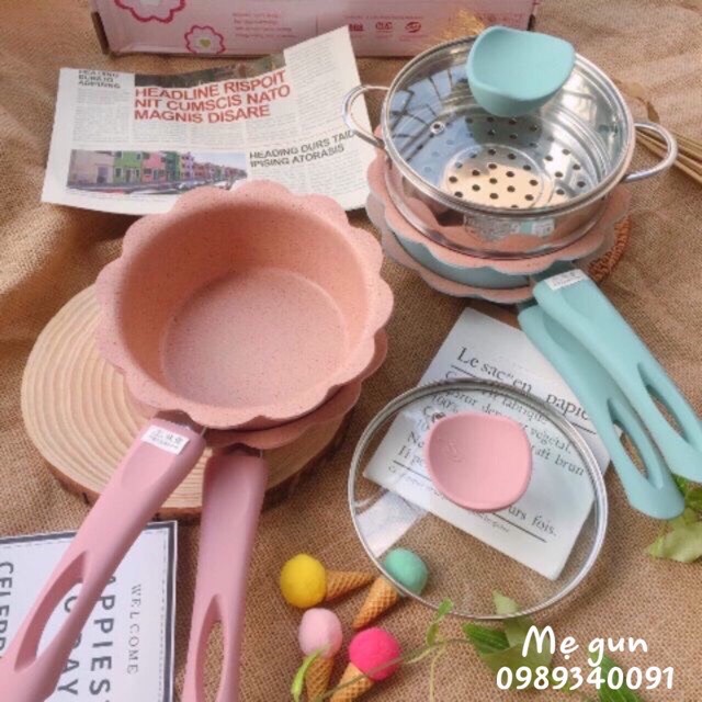 Bộ Nồi Chảo cho bé ăn dặm có bán tách lẻ nồi, chảo, nồi chảo nấu quấy hình hoa cao cấp, men đá chống dính, kèm xửng hấp