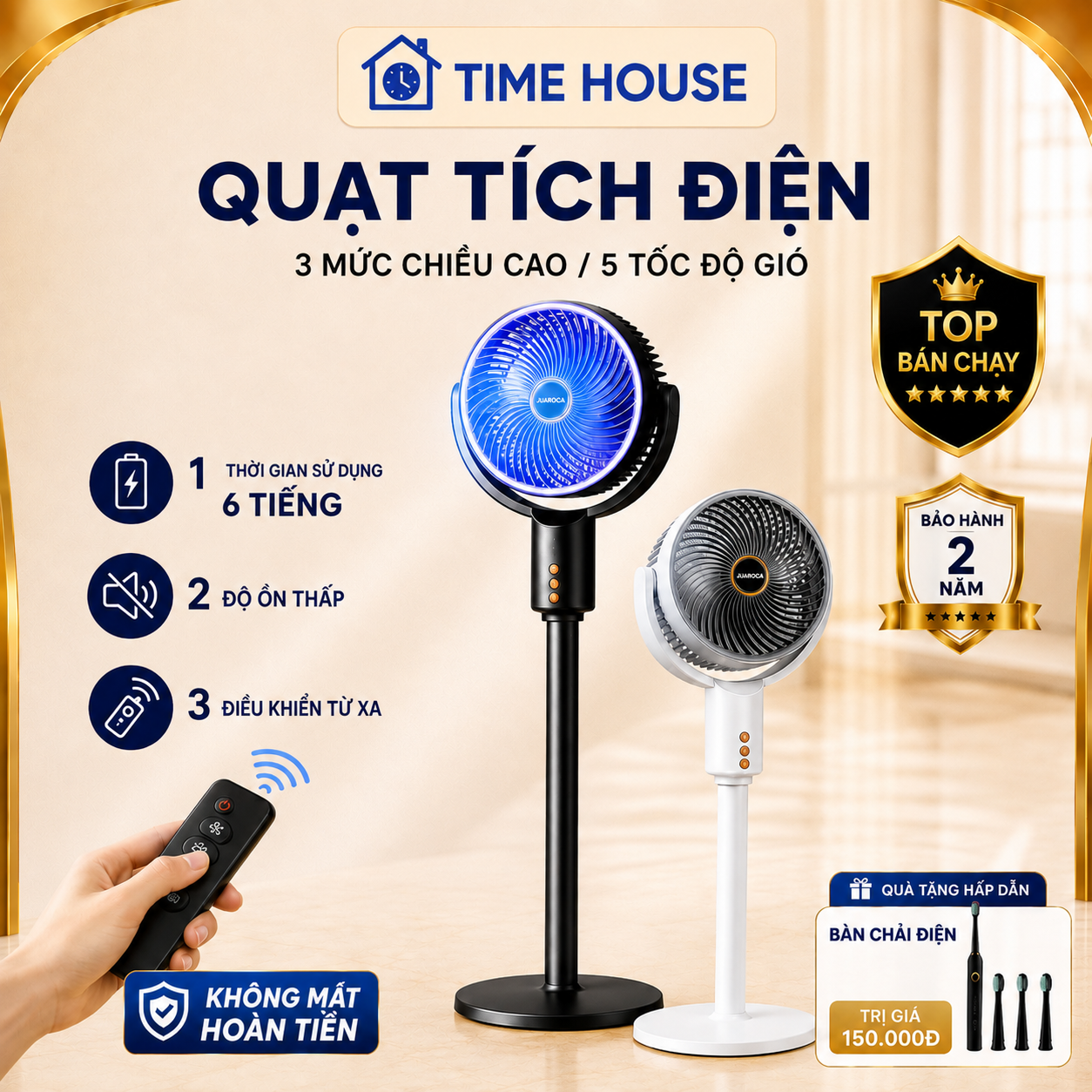 Time House 435 Foldable Electric Desk Fan with Remote Control for Height Adjustment and 120 Degree Rotation