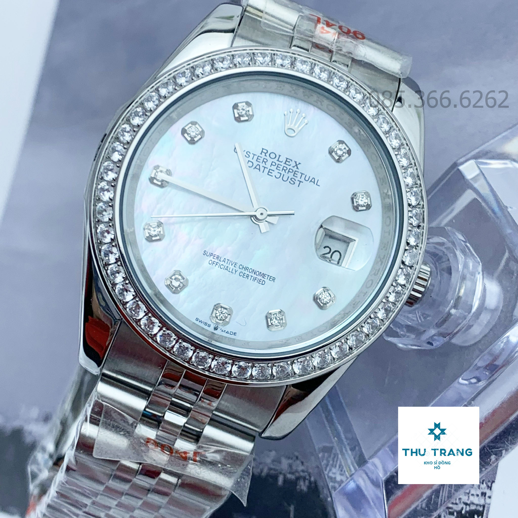 Đồng hồ Nam Rolex hàng Đồng hồ cơ Rolex Automatic mẫu classic mặt KHẢM TRAI đính đá trắng 40mm-41mm
