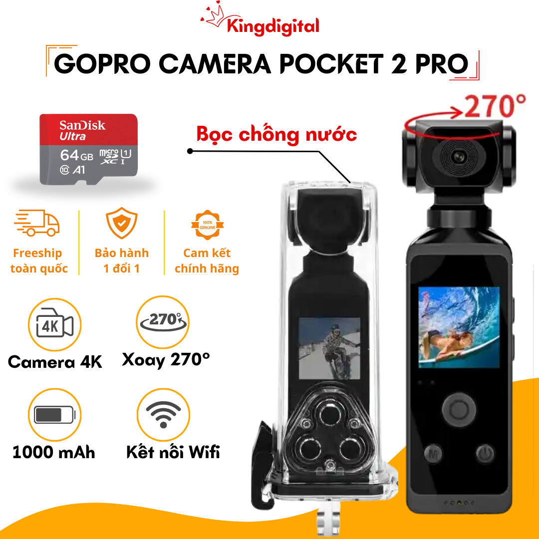 Camera hành trình chống nước Pocket 2 Pro, Camera Gopro 4K HD, Máy quay phim hành động xoay 270 độ