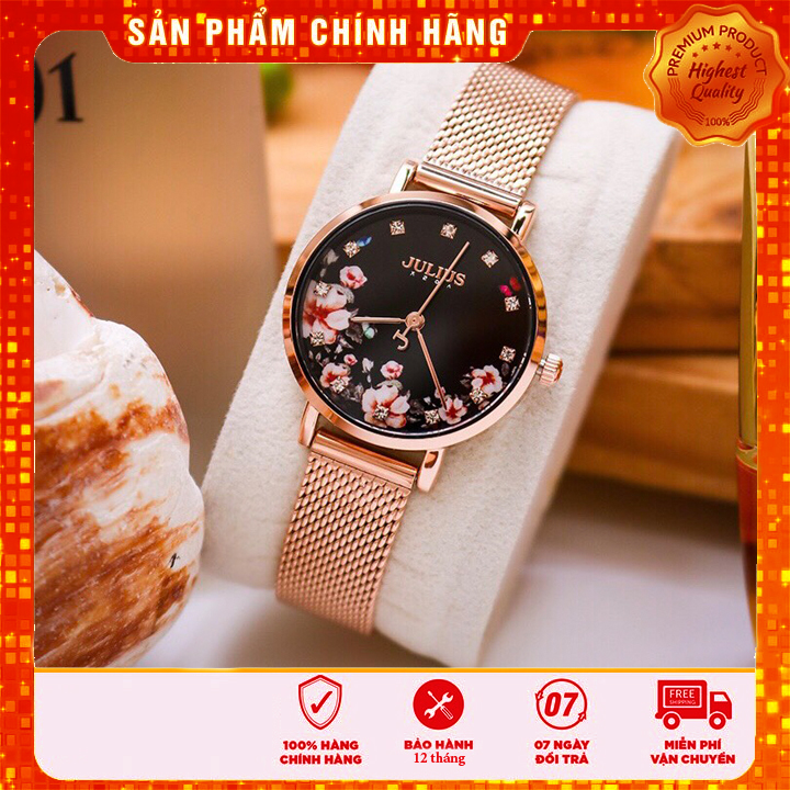 Đồng hồ nữ Julius Hàn Quốc JA-1164LG mặt in hoa dây thép sang trọng