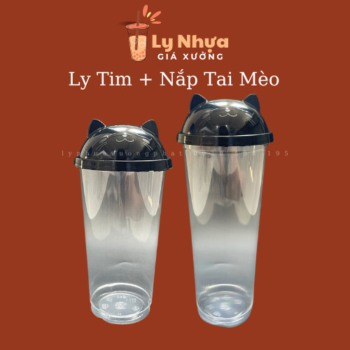 Lốc 50 ly nhựa tim nắp tai mèo 90mm trong suốt loại dầy dung tích 500ml, 700ml