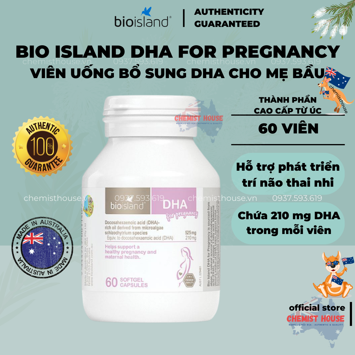[Hàng Chuẩn ÚC] Bio Island DHA - Viên uống bổ sung DHA cho bà bầu 60 viên