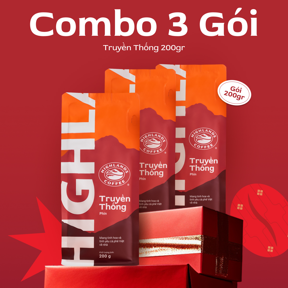 Combo 3 gói Cà phê rang xay Truyền Thống Highlands Coffee 200g quà tặng nếu có hiển thị tại giỏ hàng.