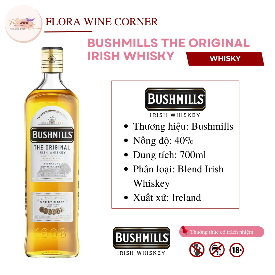 Rượu mạnh Whisky Ireland Bushmills The Original – Nồng độ 40% Alc, 700ml - Nhập khẩu Chính Hãng