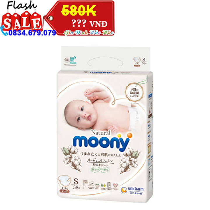 Tã dán moony natural bông organic size s58 cho bé 4-8kg - gói 58 miếng