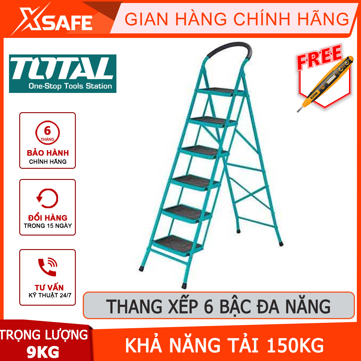 Thang xếp 6 bậc đa năng TOTAL THLAD09061 | thang xếp Sáu bậc thang kích thước khi mở thang 12251705mm kích thước khi gập thang 505x140x1935mm khả năng tải 150 kg hỗ trợ sửa chữa nhà cửa thuận tiện