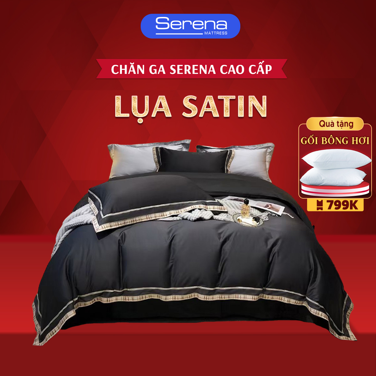 Bộ chăn ga gối nệm 5 món lụa satin SERENA chính hãng bộ combo chăn ga ra grap drap gối nệm đệm trải phủ bọc giường người lớn 5 món lụa satin mát lạnh trần bông sang trọng cao cấp full - Serena Việt Nam