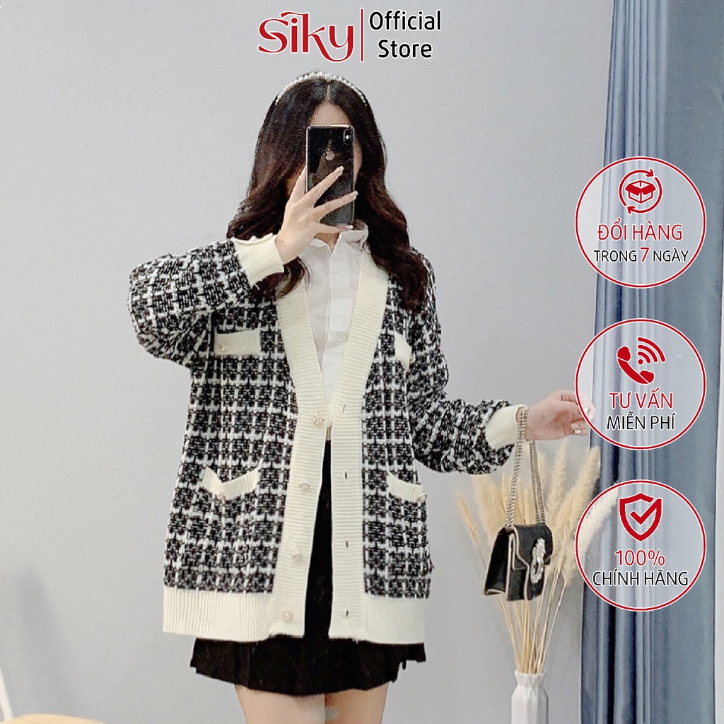 Áo cadigan nữ SIKY chất len dày họa tiết kẻ pha kim tuyến - KL06