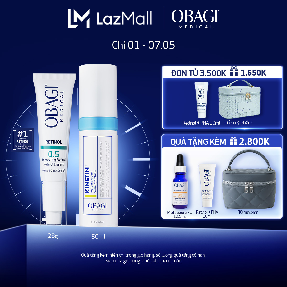 [Phiên bản mới] Bộ đôi Kem chống lão hóa Obagi 360 Retinol 0.5 28g và Kem dưỡng phục hồi làm dịu da Obagi Clinical Kinetin+ Hydrating Cream 50ml