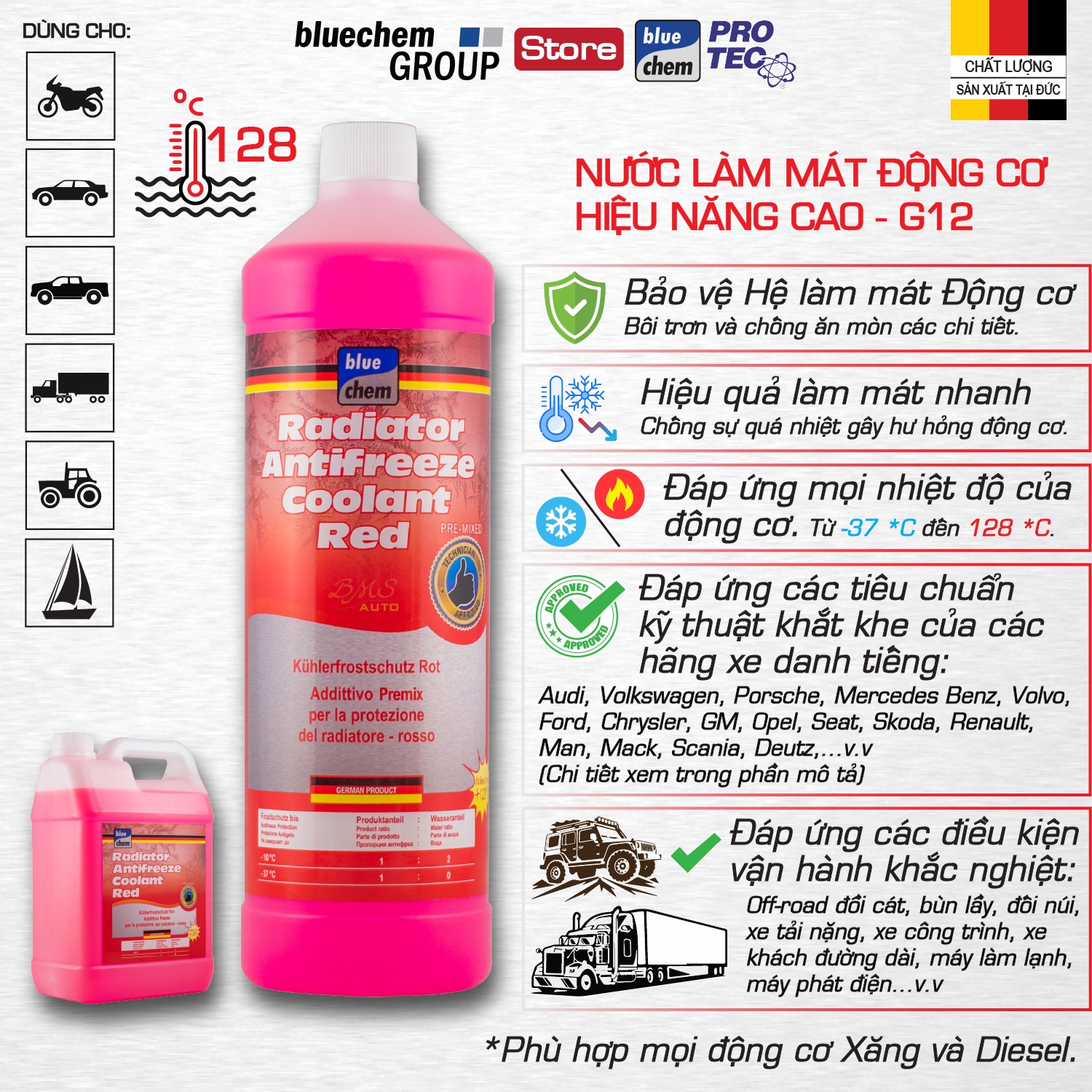 Bluechem Red Coolant "Pre-Mixed" 1L for Use in Motorcycles, Oto