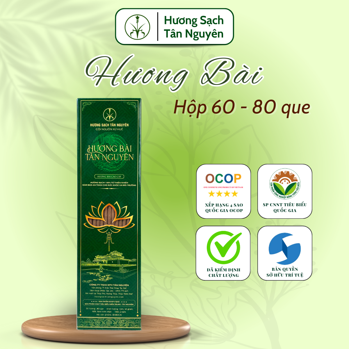 Hương bài Tân Nguyên, nhang ít khói, nhang không hóa chất, sản phẩm OCOP quốc gia, hộp 60 que, 80 que