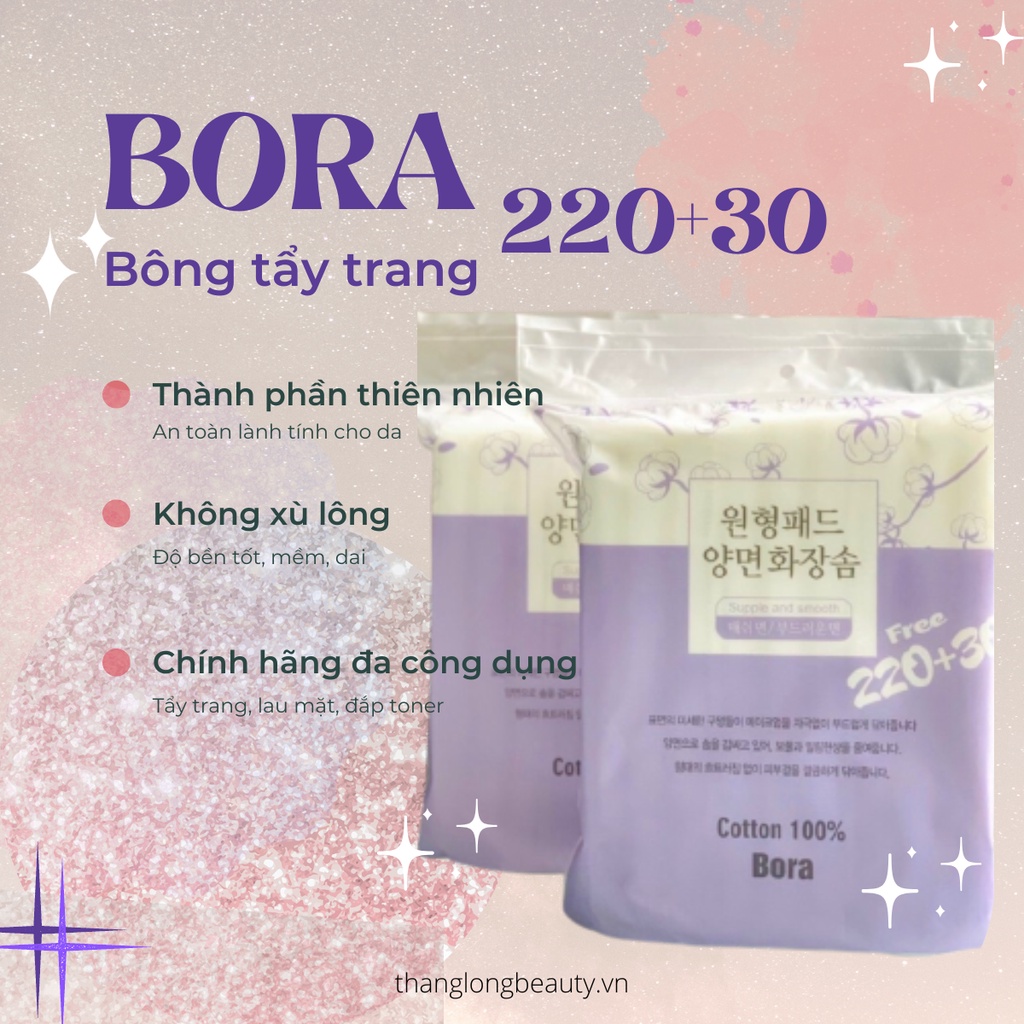 Combo 3 bông tẩy trang Hàn Quốc Bora 250 miếng vuông