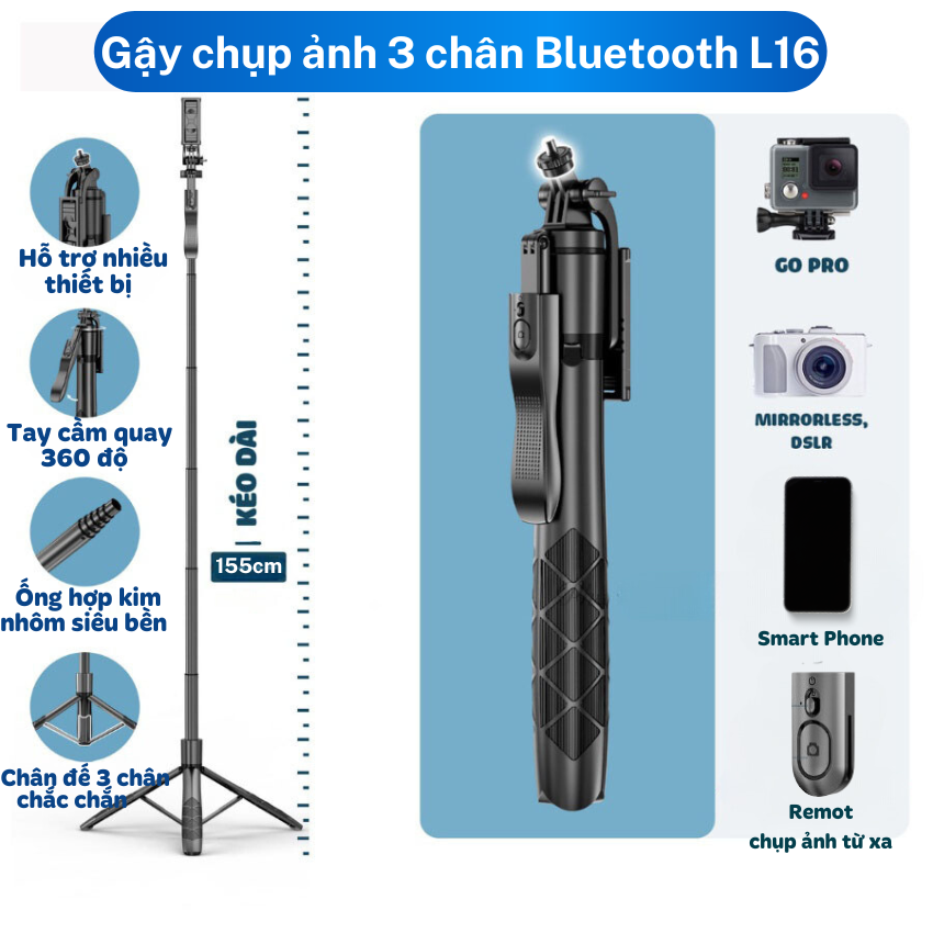 Gậy chụp ảnh 3 chân L16 Tripod quay phim chụp ảnh livestream Gậy tự sướng 3 chân có remote Gía đỡ điện thoại máy ảnh go pro 3 chân thiết kế gấp gọn kéo dài 155cm chất liệu chắc chắn xoay 360 độ