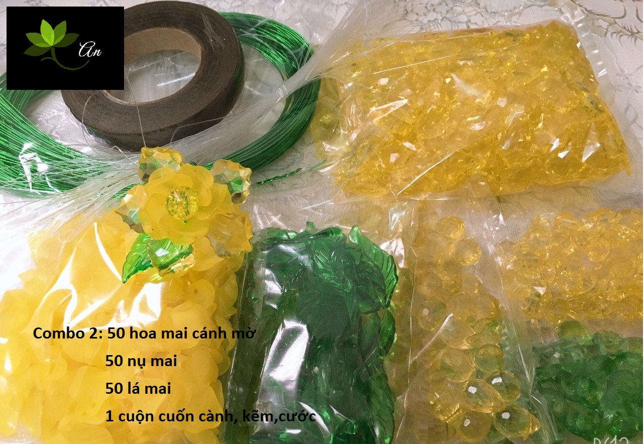 50hoa mai,hoa đào pha lê đá,50 nụ,50 lá(kẽm,cước,quấn cành)(Màu sắc của sản phẩm có thể đậm hoặc nhạt hơn do ánh sáng chụp và từng lần nhập hàng )