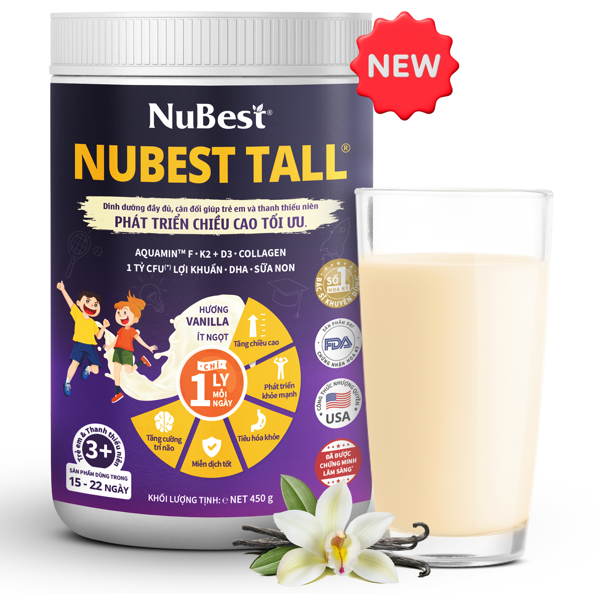 Sữa Tăng Chiều Cao NuBest Tall 6 trong 1 (Hương Vani) - Hỗ Trợ Tăng Chiều Cao, Tăng Miễn Dịch, Hỗ Trợ Tiêu Hóa, Giúp Bé Khỏe Mạnh & Thông Minh Hơn