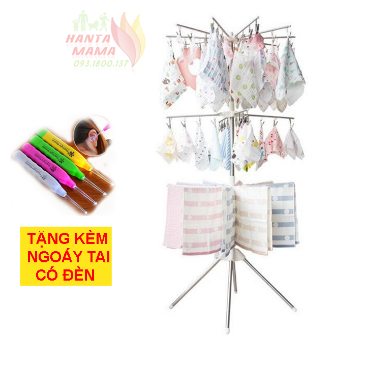 Cây phơi quần áo inox 3 tầng 56 kẹp inox, móc xoay 360 độ, cây treo quần áo, giá phơi quần áo