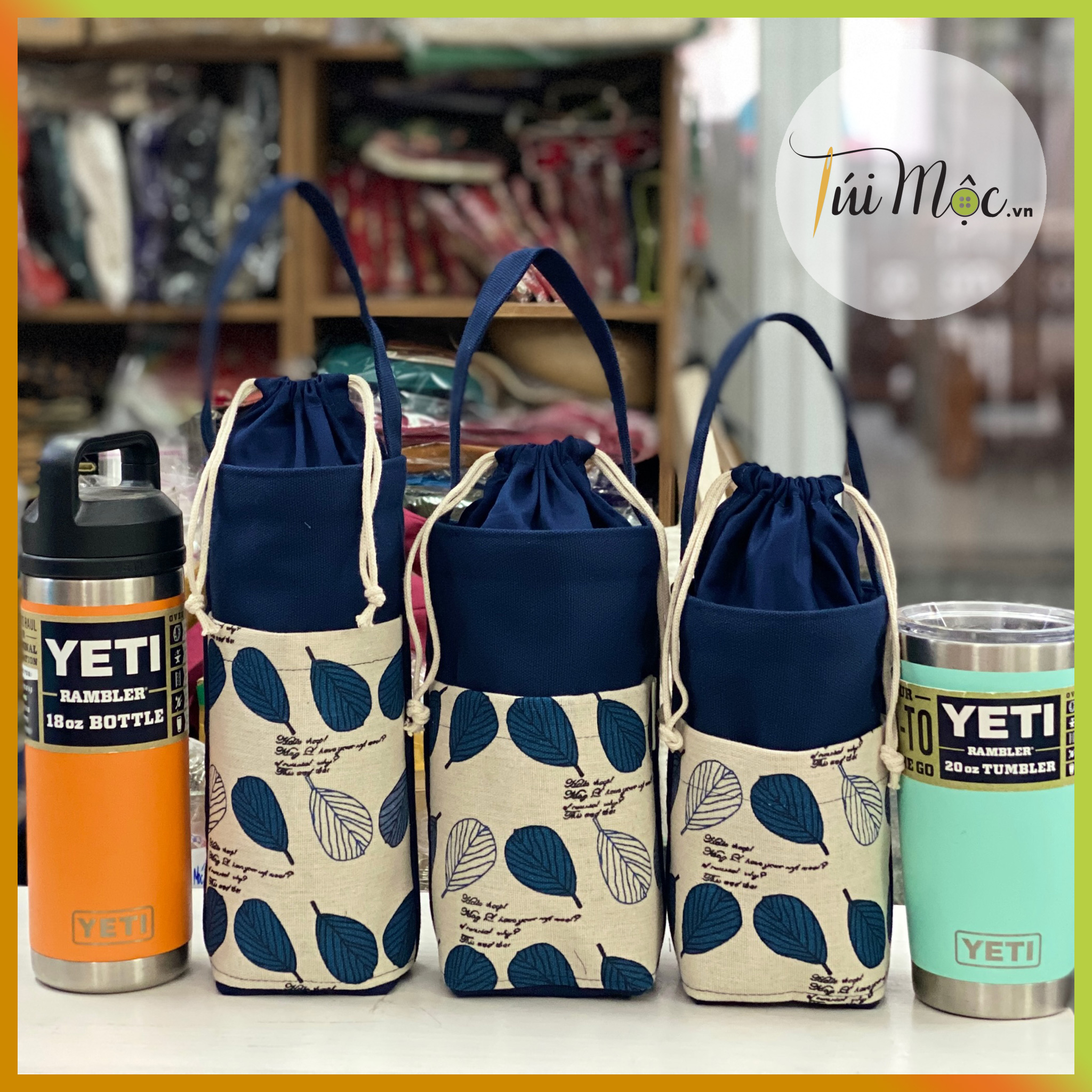 Túi đựng bình/ly giữ nhiệt Xanh Dương-lá dẹt may bằng vải bố Canvas dày!