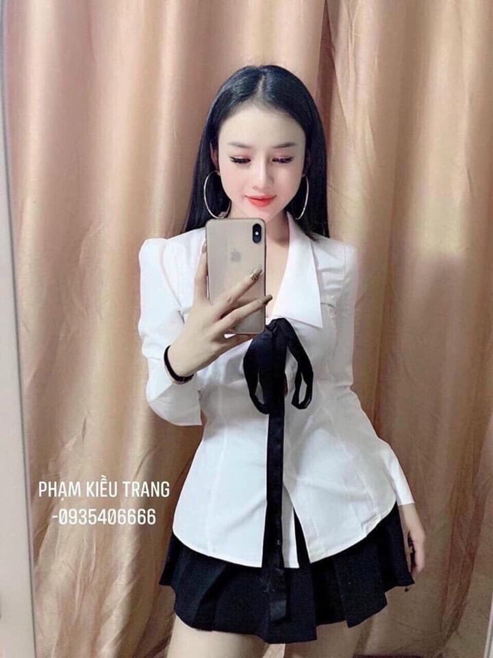 Sét váy đen phối sơ mi trắng có nơ tôn dáng cho nàng thời trang winchois