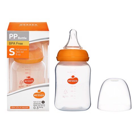 Bình sữa cổ hẹp tặng kèm van chống sặc 140ml PP Wesser