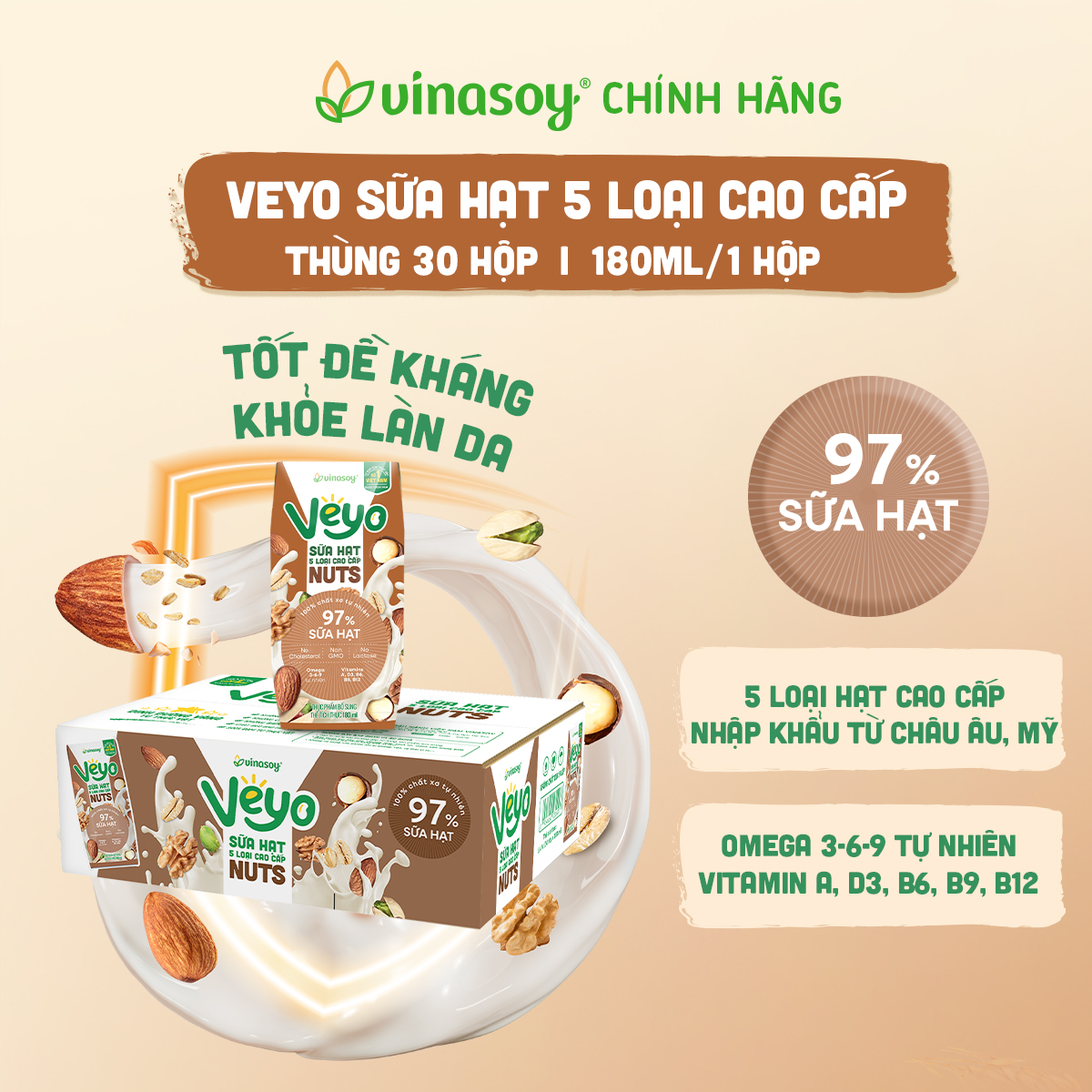 Thùng Sữa hạt 5 loại cao cấp Veyo Nuts (30 Hộp x 180ml)