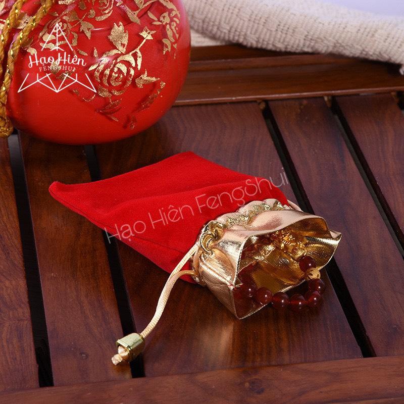 *Quà tặng* túi Gấm nhung đỏ dây rút đựng trang sức viền Vàng cao cấp