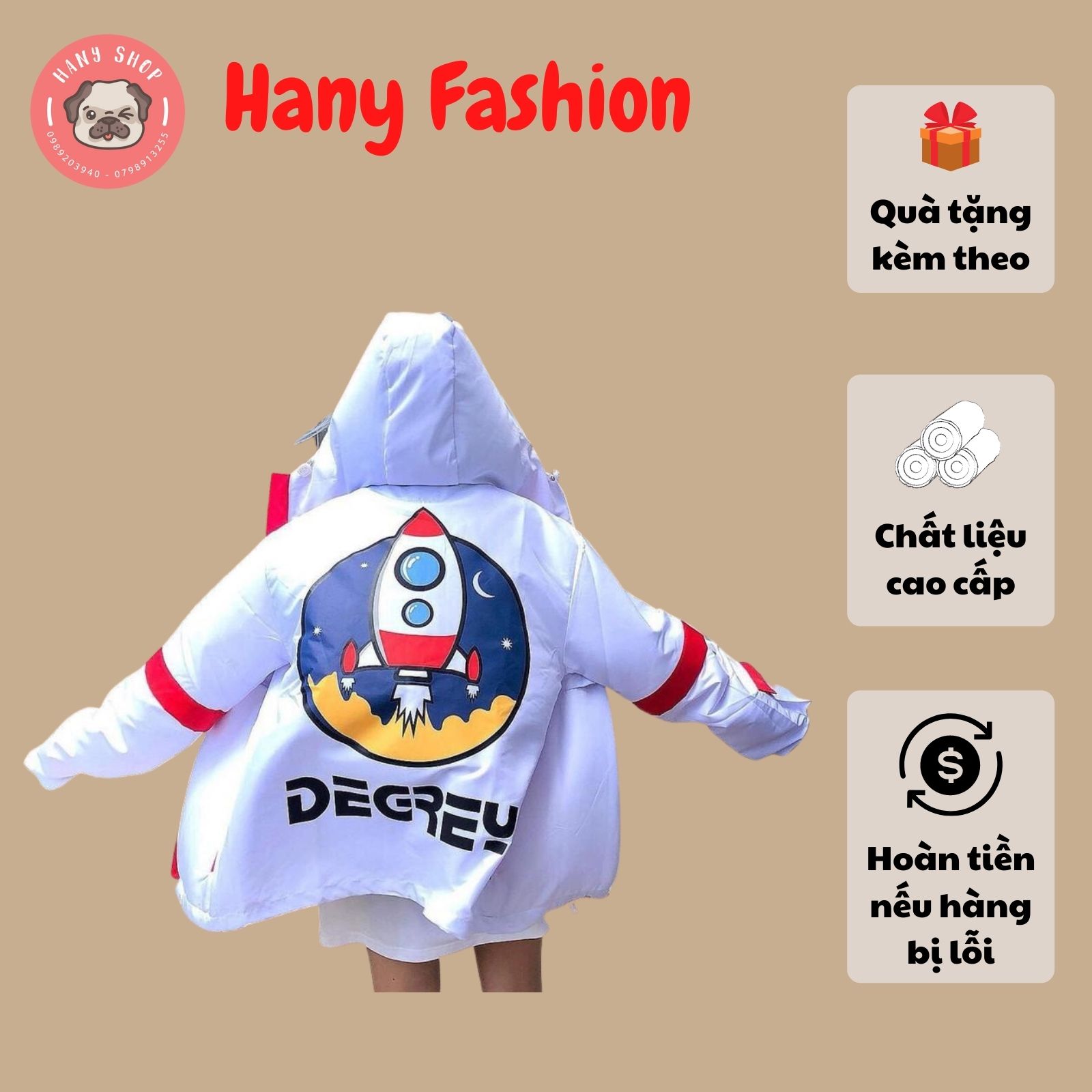 [ DEAL HOT ] Áo khoác dù 2 lớp DEGREY ROCKET hoả tiễn màu trắng đen sọc đỏ cực hot cho nam nữ couple - Hany shop