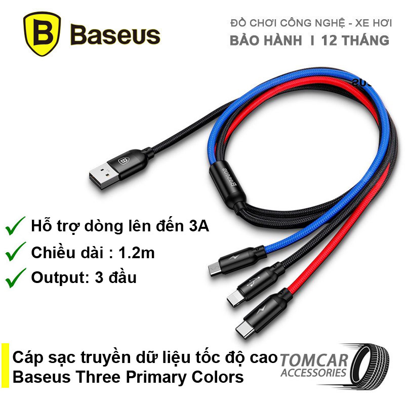 Cáp sạc 3 đầu truyền dữ liệu tốc độ cao Baseus Three Primary Colors tích hợp kết nối Type C, Android và Lightning