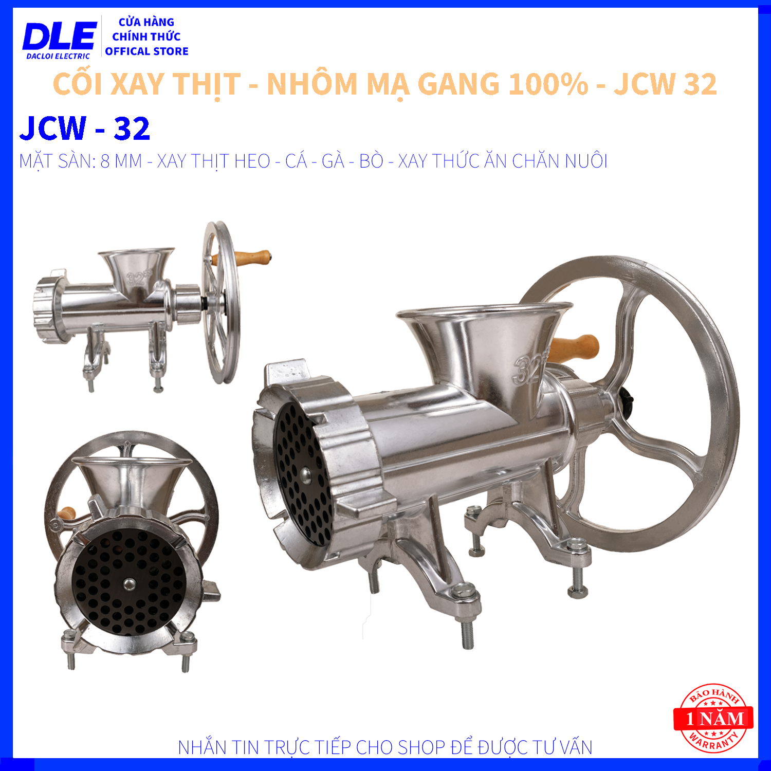 CỐI XAY THỊT CHUYÊN GẮN MÔ TƠ KÉO - JCW 32 - NHÔM MẠ GANG - MẶT SÀN 3mm - 4mm - 6mm - 8mm