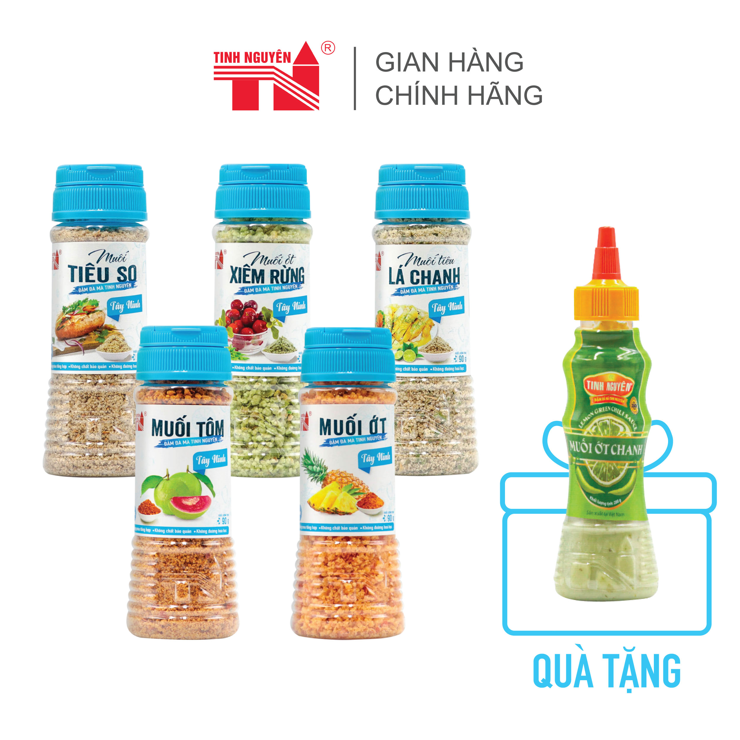 [TẶNG Xốt Muối Ớt Chanh] COMBO 5 chai muối chấm TINH NGUYÊN: Muối Ớt Tây Ninh, Muối Tôm Tây Ninh, Muối Ớt Xiêm Rừng, Muối Tiêu Lá Chanh, Muối Tiêu Sọ
