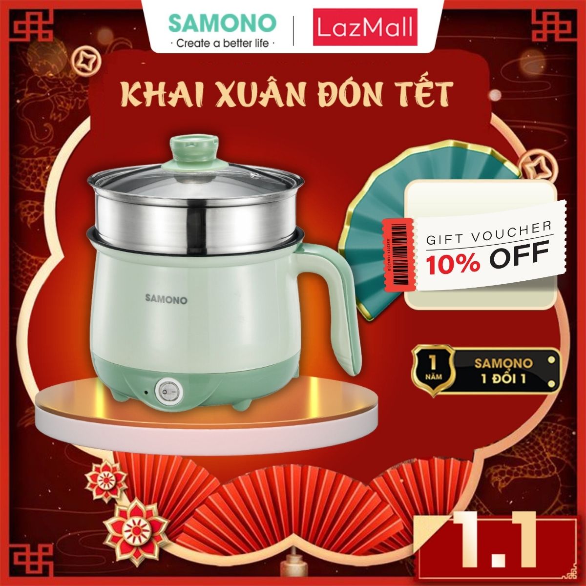 (BH 1 Năm)Samono Nồi nấu đa năng 1.5L thích hợp văn phòng/ký túc xa, nồi điện nồi lẩu kèm xửng hấp, nấu lẩu/canh/rau/mì cho 2 người ăn nhanh SW-DG01P/SW-DG05
