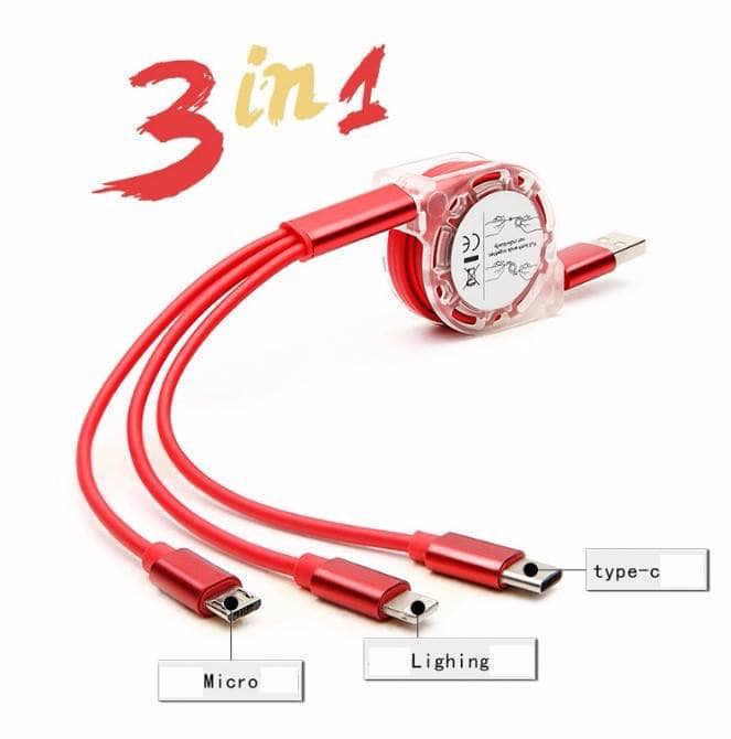 Cáp sạc 3 đầu rút gọn Micro USB, sam sung, oppo, iphone, Typy C