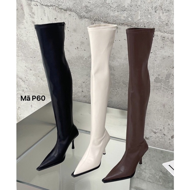 Bốt đùi da lì mềm lót nỉ qua gối khóa sau gót 8cm 3 màu đen trắng kem nâu