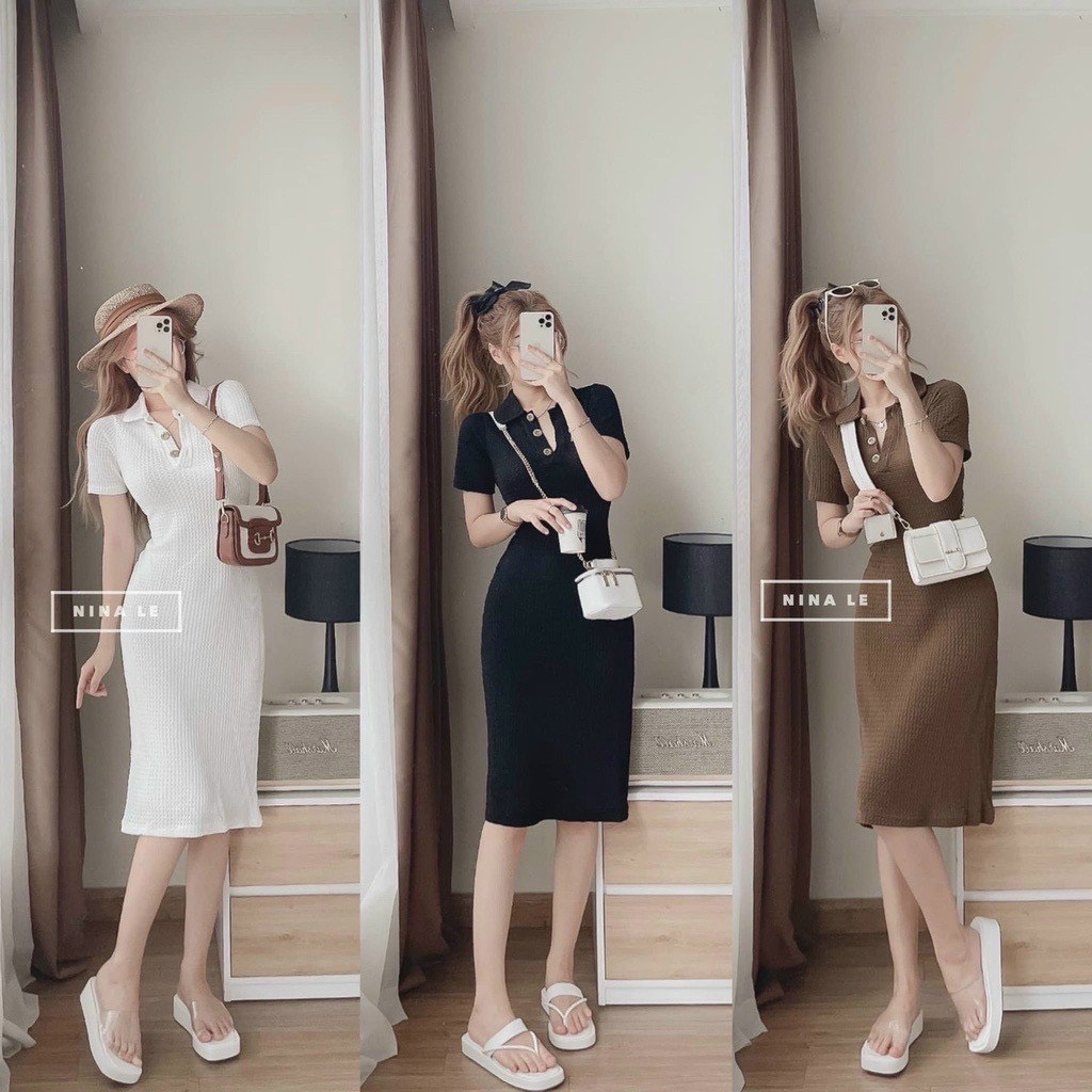 Đầm xốp tay ngắn cổ bẻ cài 3 nút ôm body trơn dáng vừa cực xinh , chất thun xốp mềm mịn