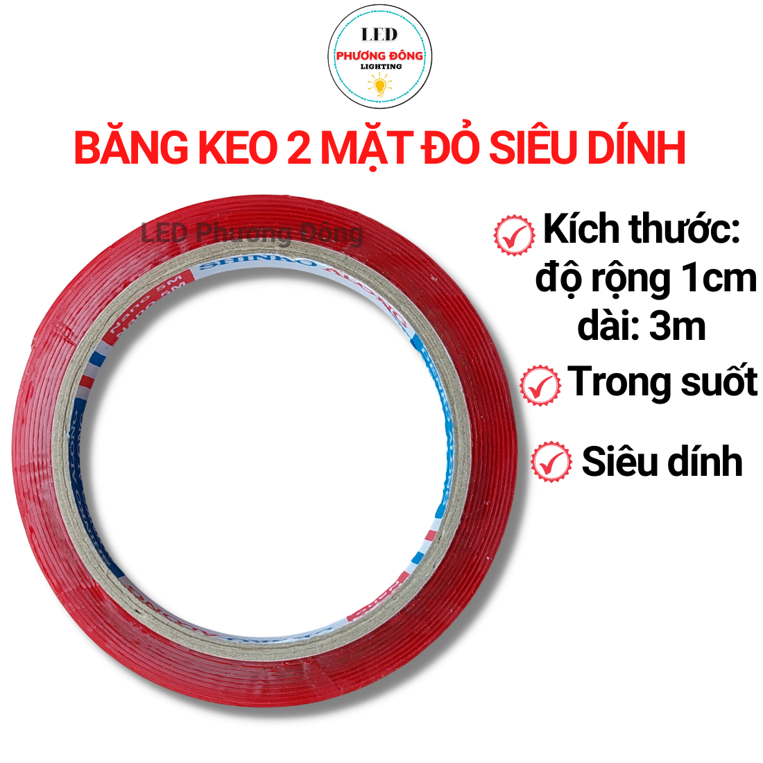 Cuộn băng keo nano 2 mặt siêu dính màu đỏ dài 3m