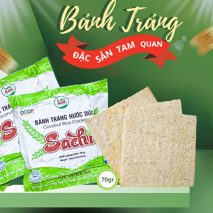Bánh tráng nướng nước dừa Sachi 70gr, bánh tráng nước dừa, bánh tráng nướng đặc sản Bình Định giòn xốp ăn liền